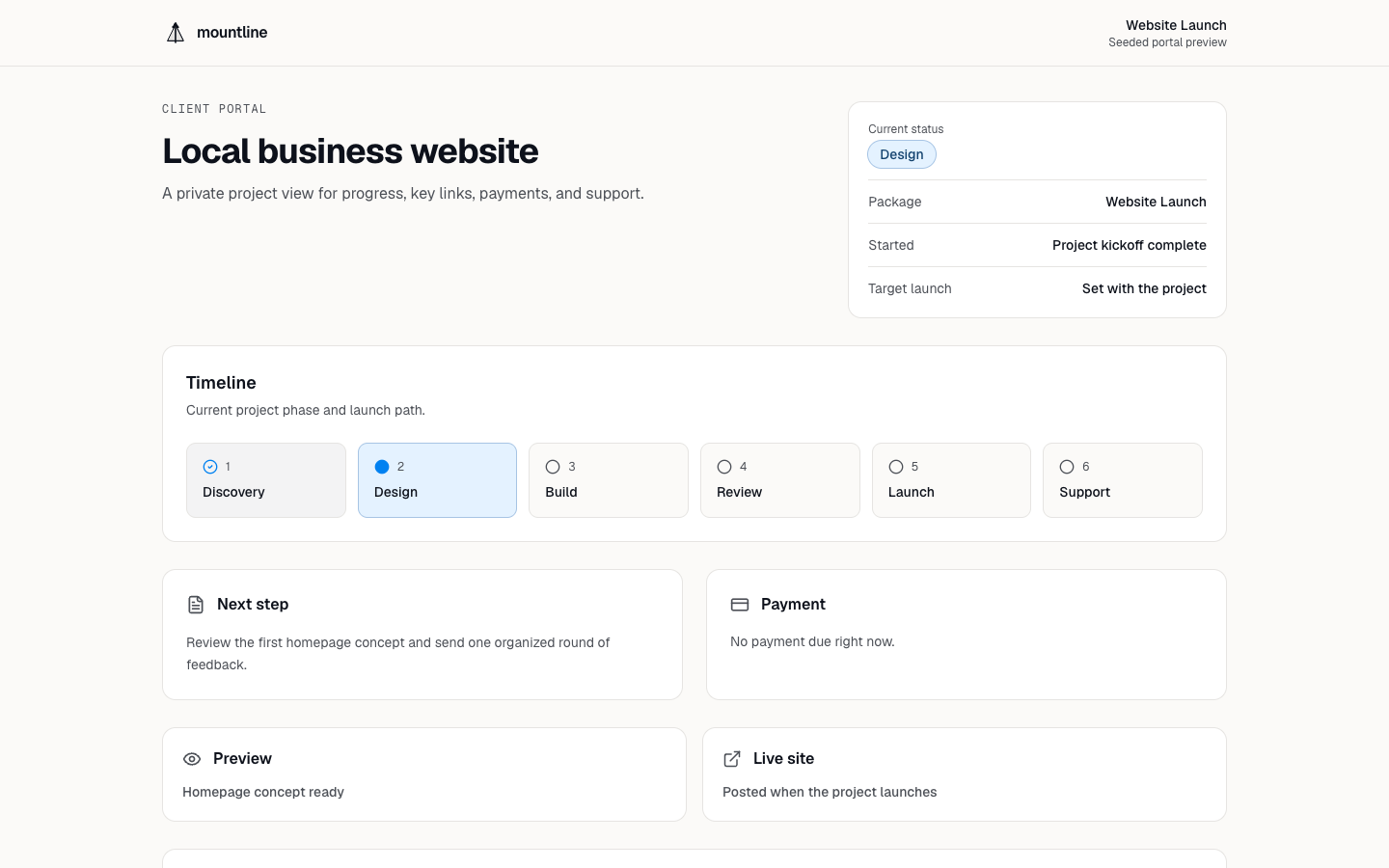 Mountline project portal showing status, timeline, next step, payment, preview, and launch information